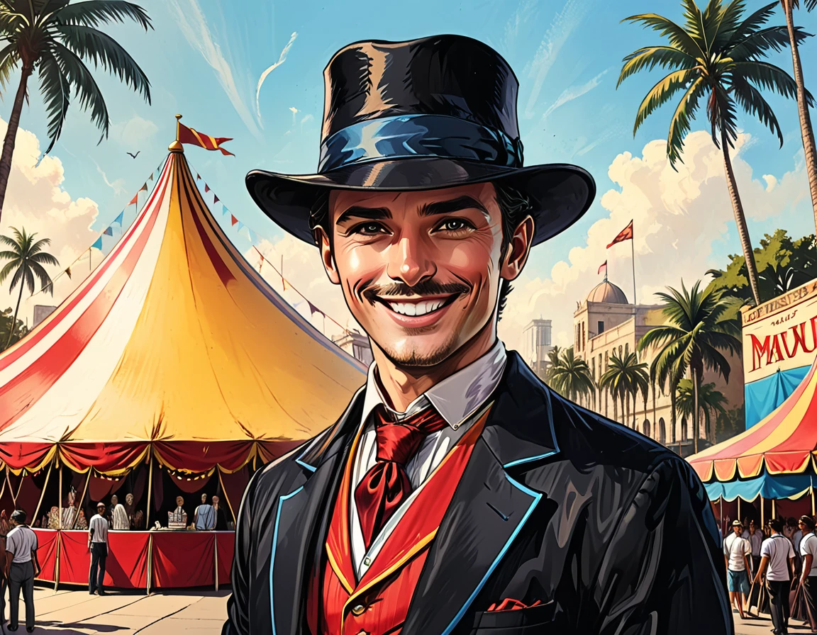 (((open month, smile, look at the side, )))close-up portrait magician,magician shows trick , circus fabric dome on the square of a tropical city, giant triangular circus fabric dome, palm trees, street, people, close-up portrait magician,magician shows trick , city square, graphic style of novel comics, 2d, 8k, hyperrealism, masterpiece, high resolution, best quality, ultra-detailed, super realistic, Hyperrealistic art, high-quality, ultra high res, highest detailed, lot of details, Extremely high-resolution details, incredibly lifelike, colourful, soft cinematic light,