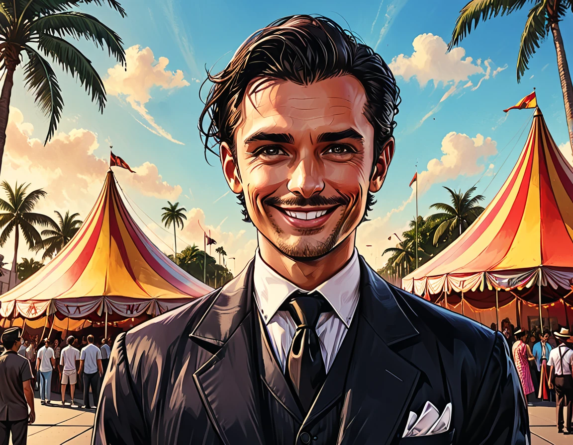 (((open month, smile, look at the side, )))close-up portrait magician,magician shows trick , circus fabric dome on the square of a tropical city, giant triangular circus fabric dome, palm trees, street, people, close-up portrait magician,magician shows trick , city square, graphic style of novel comics, 2d, 8k, hyperrealism, masterpiece, high resolution, best quality, ultra-detailed, super realistic, Hyperrealistic art, high-quality, ultra high res, highest detailed, lot of details, Extremely high-resolution details, incredibly lifelike, colourful, soft cinematic light,