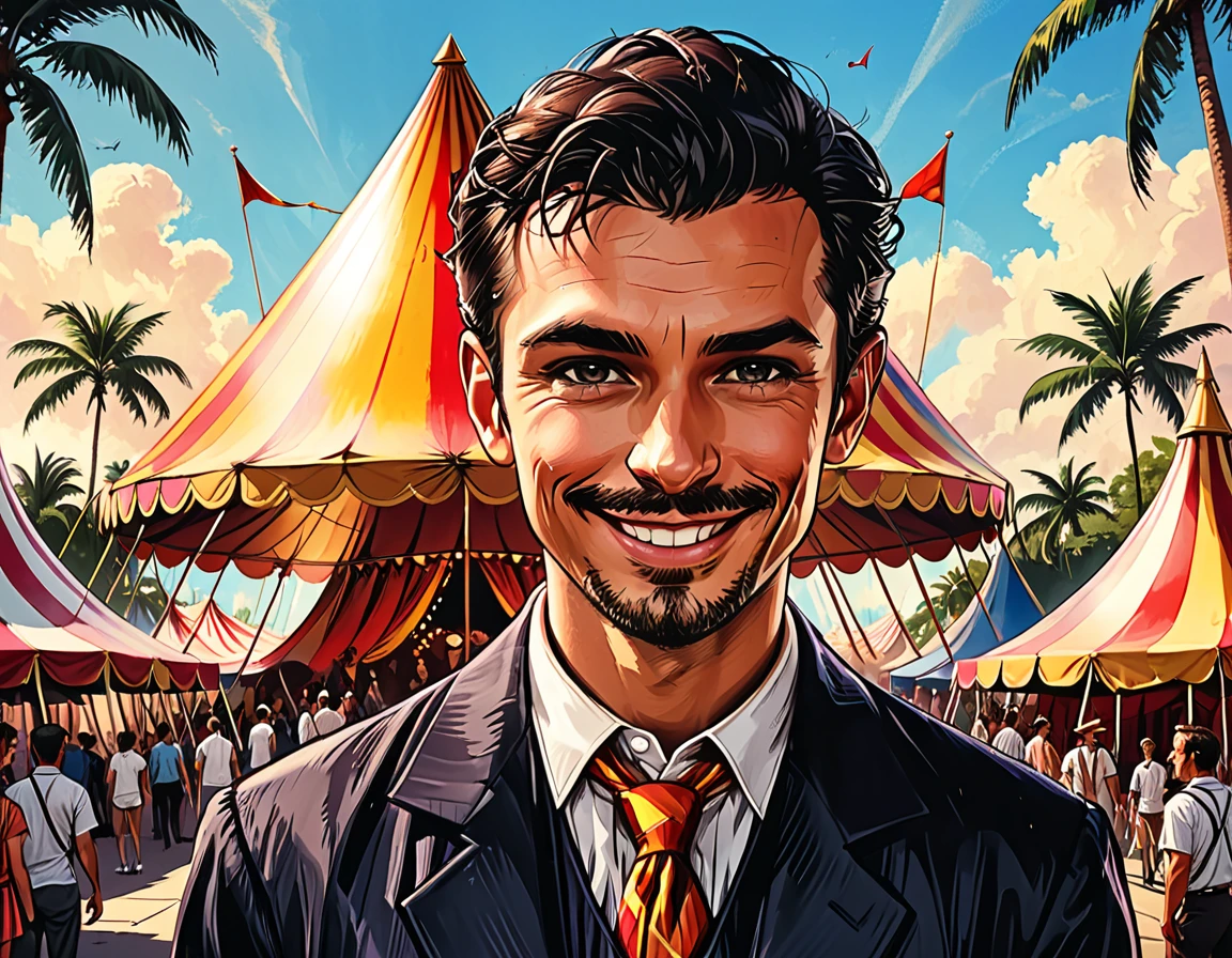 (((open month, smile, look at the side, )))close-up portrait magician,magician shows trick , circus fabric dome on the square of a tropical city, giant triangular circus fabric dome, palm trees, street, people, close-up portrait magician,magician shows trick , city square, graphic style of novel comics, 2d, 8k, hyperrealism, masterpiece, high resolution, best quality, ultra-detailed, super realistic, Hyperrealistic art, high-quality, ultra high res, highest detailed, lot of details, Extremely high-resolution details, incredibly lifelike, colourful, soft cinematic light,