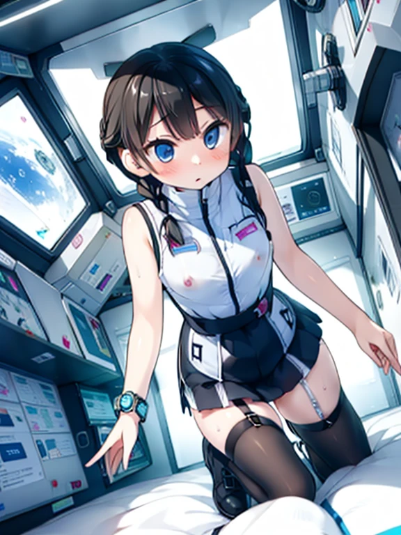 (Highest quality), (masterpiece), 1080P, High resolution, 4K, 8k, Inside the space station、Futuristic room、Thigh straps, Shooting from directly below, The woman on top of me, Nipples, 白いSweat, Covered , Sweat, Woman looking down, Skirt swimsuit, Thigh-high socks, To achieve this, , , whole body, Black leather shoes, Braided hair, Inner Color, Embarrassed face, Short black hair, bracelet, Bedroom,celestial body_Vest