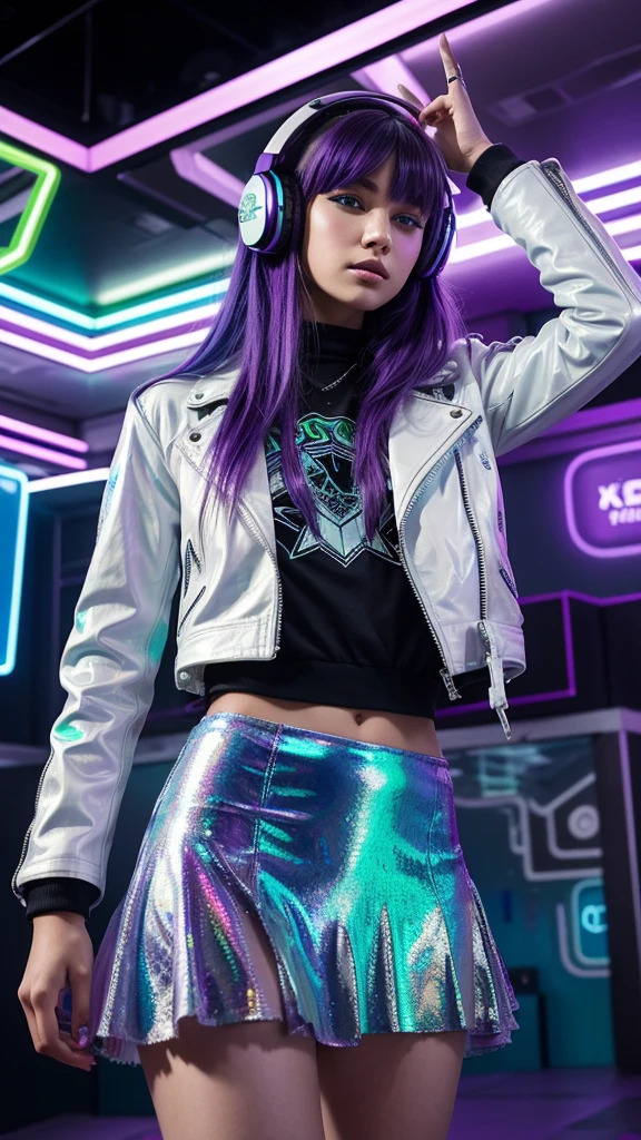 A young woman with loose hair dyed purple, blue and green, wearing a white leather jacket decorated with bright graffiti and a rainbow tulle skirt, dancing in a futuristic environment with LED walls displaying geometric patterns. Large headphones with holographic details dangle from a hand as it moves with grace.