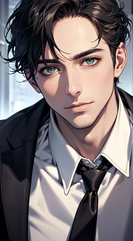 (Highest quality,4K,8K,High resolution,masterpiece:1.2),Super detailed,(Realistic,photoRealistic,photo-Realistic:1.37),1 person,35 years old,Mature Man 1 male mature,Beautiful skin、very handsome,Expressionless,Short gray Black hair,green eyes,Sharp Eyes,A perfect face without a doubt,Businessman, CEO, Office Background,Cinema Lighting,HDR image,tie、