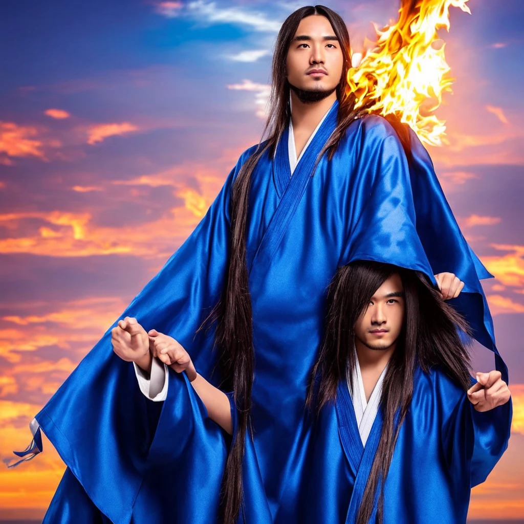 23-year-old man with long blue hair wearing blue Hanfu,

With a serious expression and sharp eyes, he raised his hands to the sky,

A huge fireball in the palm of your hand, red

atmosphere,

doomsday atmosphere,

fantasy void background,

special effects,

Colorful tones, light particles, anime style,

perfect details,

Highest quality, Blu-ray quality,

32K