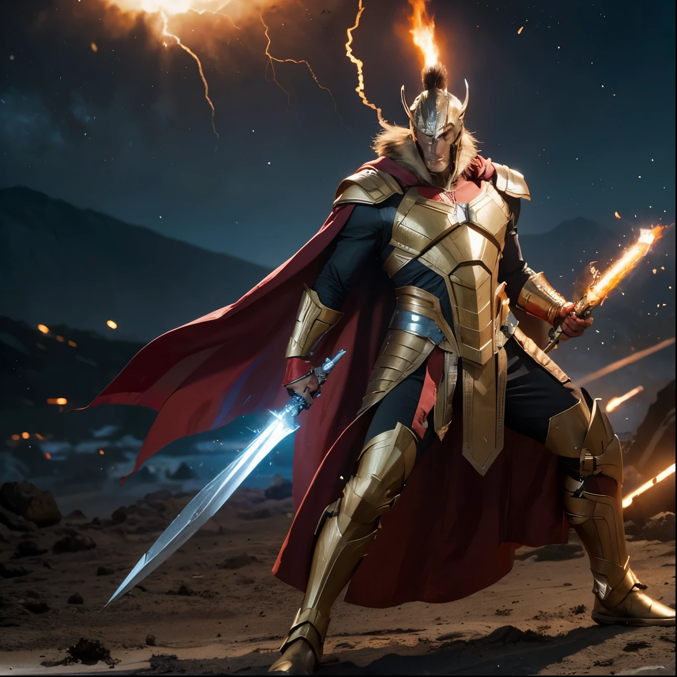 Beta ray bill from marvel comics in the mcu, comic accurate and realistic look suit and armor cape, korbinite face in a cool fighting position with his iconic hammer from the marvel comics and exploding battlefield background and everything as comic accurate as possible
