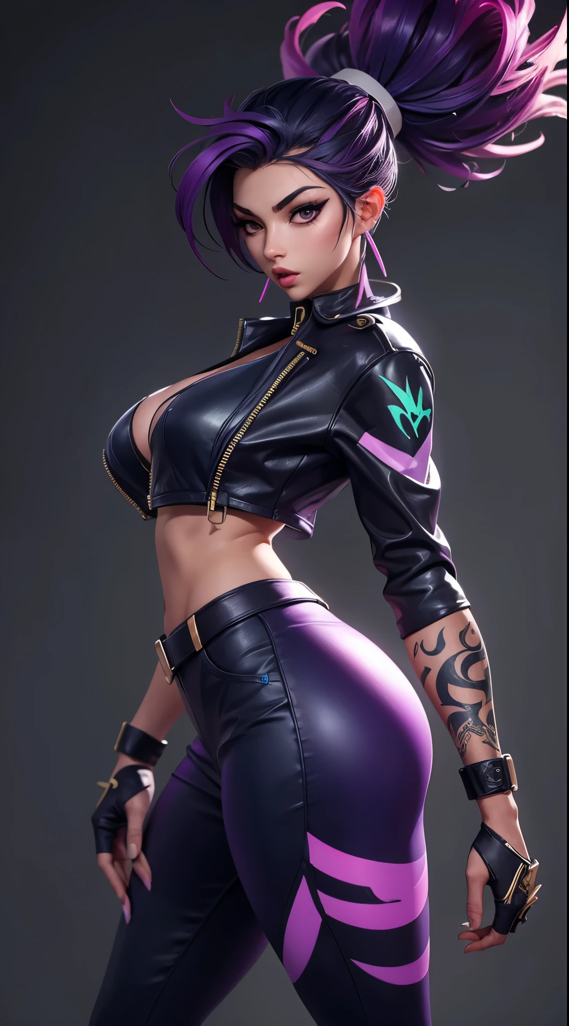 Kda akali, front view, big ass, perfect breast, beautiful, sexy, slim, cute, highly detailed, deep focused image, realistic full-lenght photo, sexy jumpsuit