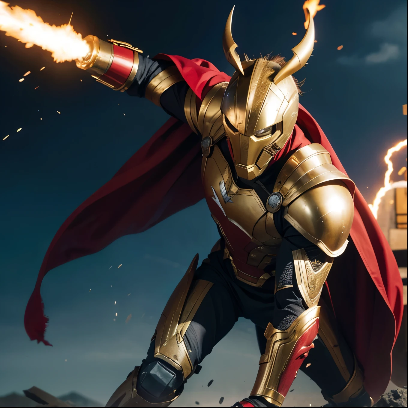 Beta ray bill from marvel comics in the mcu, comic accurate and realistic look suit and armor cape, korbinite face in a cool fighting position with his iconic hammer from the marvel comics and exploding battlefield background and everything as comic accurate as possible
