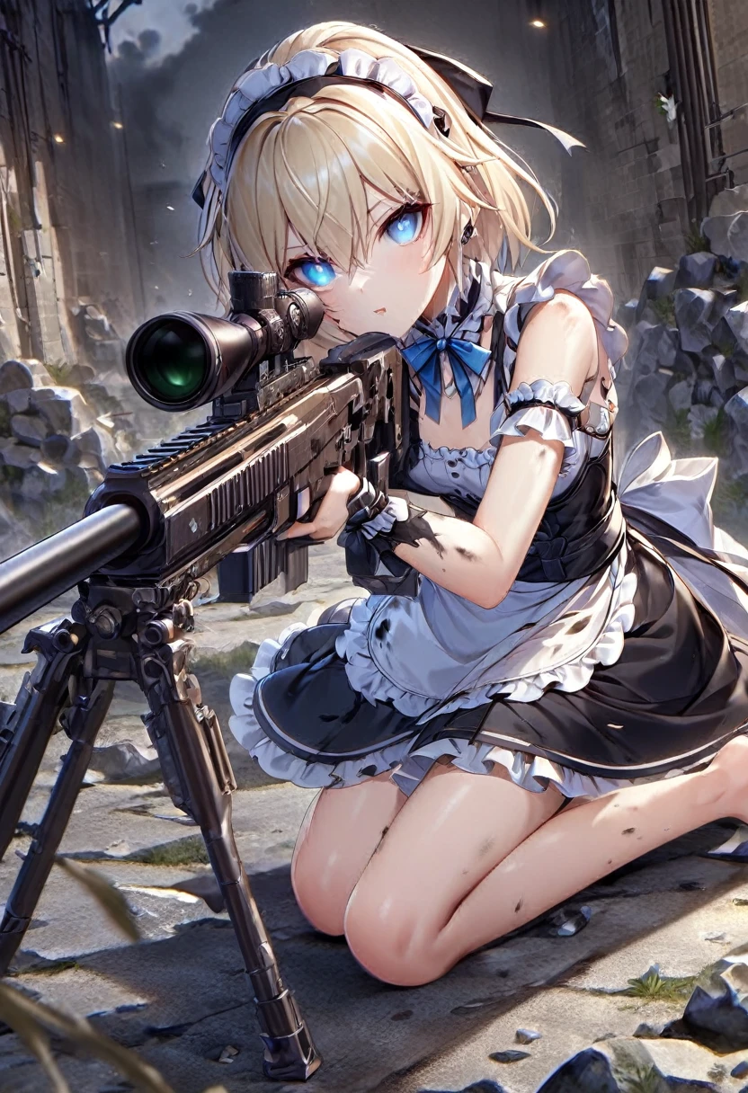 ((Highest quality:1.6)), ((Ultra-high resolution:1.6)), ((Masterpiece:1.6)), (Very detailed:1.6), (Perfect Face:1.6), (Detailed illustrations:1,4), (Perfect Eyes:1.6), (Detailed eyes:1.4)girl, cute, (The cuteness of an angel, Mouth is open, ), (Blonde, Small breasts, Black Dress, White apron, Blue ribbon, Apron dress, Classic maid outfit, shoes, barefoot, Long:1.4), (Sniper from the top of the castle walls, sniper rifle:1,4), Castle Defense, (Looking through the scope, ready to shoot, Aiming for prey, Kneeling, Side angle, Obstacles such as low rocks and walls:1.4), (Barret M82:1,4), Sniper Rifle, profile, Gunfight, (Stains on clothes:1,4), (Dirty with ash and soot:1,3),
