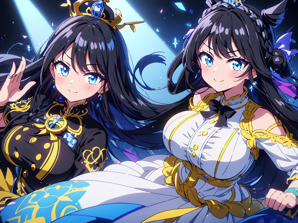 best quality, extremely detailed,anime style 1girl,long hair down to the waist, straight hair, ((((dark black hair with bluish)))),((crown braid)),ponybun,beautiful detailed eyes, pinched eyes, (dark blue eyes),((huge breasts)),curvy,((((white idol dress)))),yellow jacket,Fine decoration,clothing with complex patterns,((((idol room)))),((Detailed background)),((Comfortable posture)),dance,smile,((((in aikatu style))))
