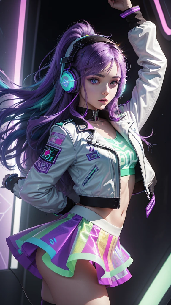 A young woman with loose hair dyed purple, blue and green, wearing a white leather jacket decorated with bright graffiti and a rainbow tulle skirt, dancing in a futuristic environment with LED walls displaying geometric patterns. Large headphones with holographic details dangle from a hand as it moves with grace.