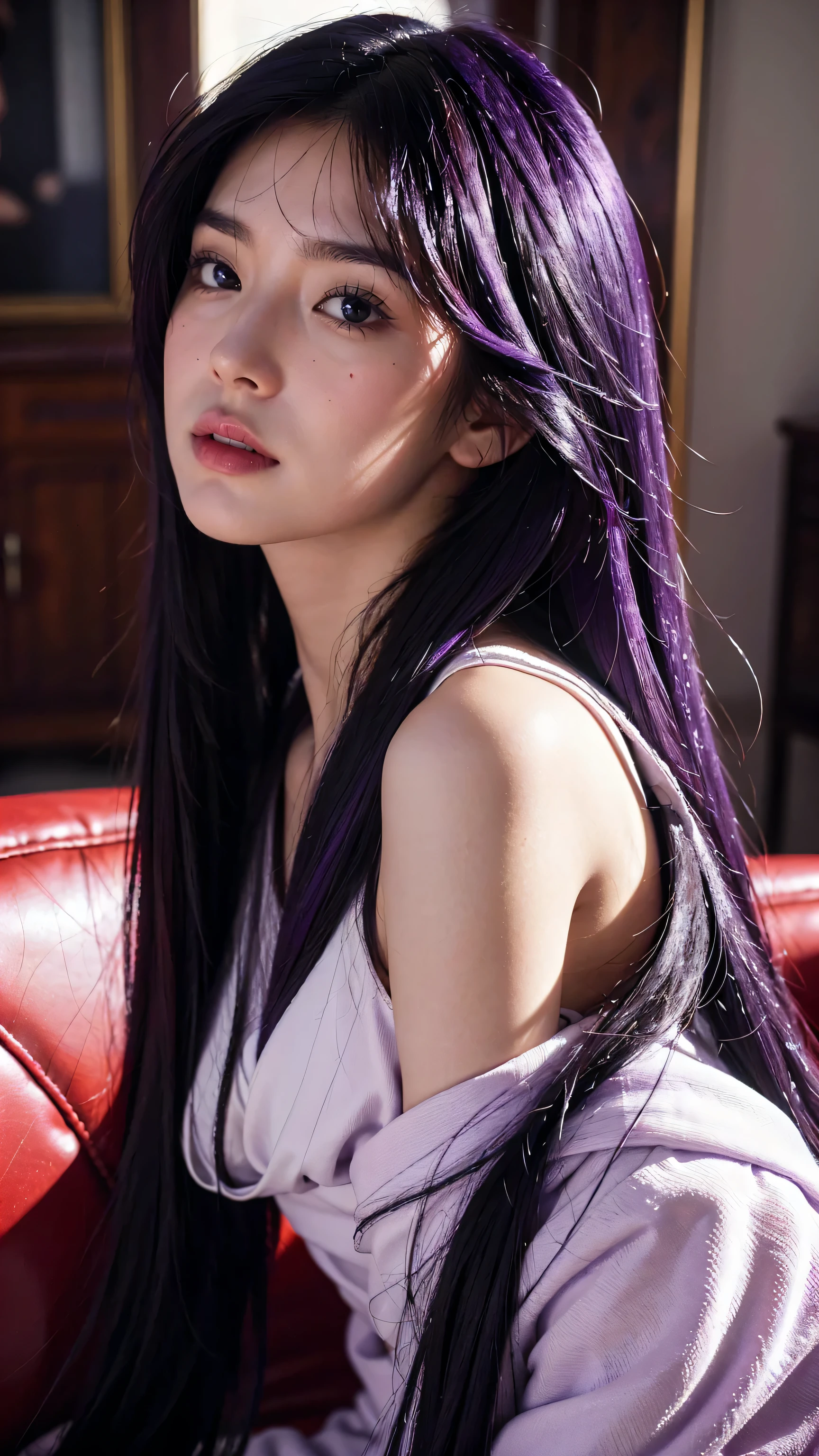 mid shot, white Asian woman, ((long black and purple hair)), red outfit, (detailed face), beautiful eyes, lips, nose, (detailed skin), beautiful facial features, in middle of new york, detailed furniture, comfortable surrounding,natural lighting, high quality, ((photorealistic,extremely detailed) ,8k,masterpiece,bright colors, cinematic lighting