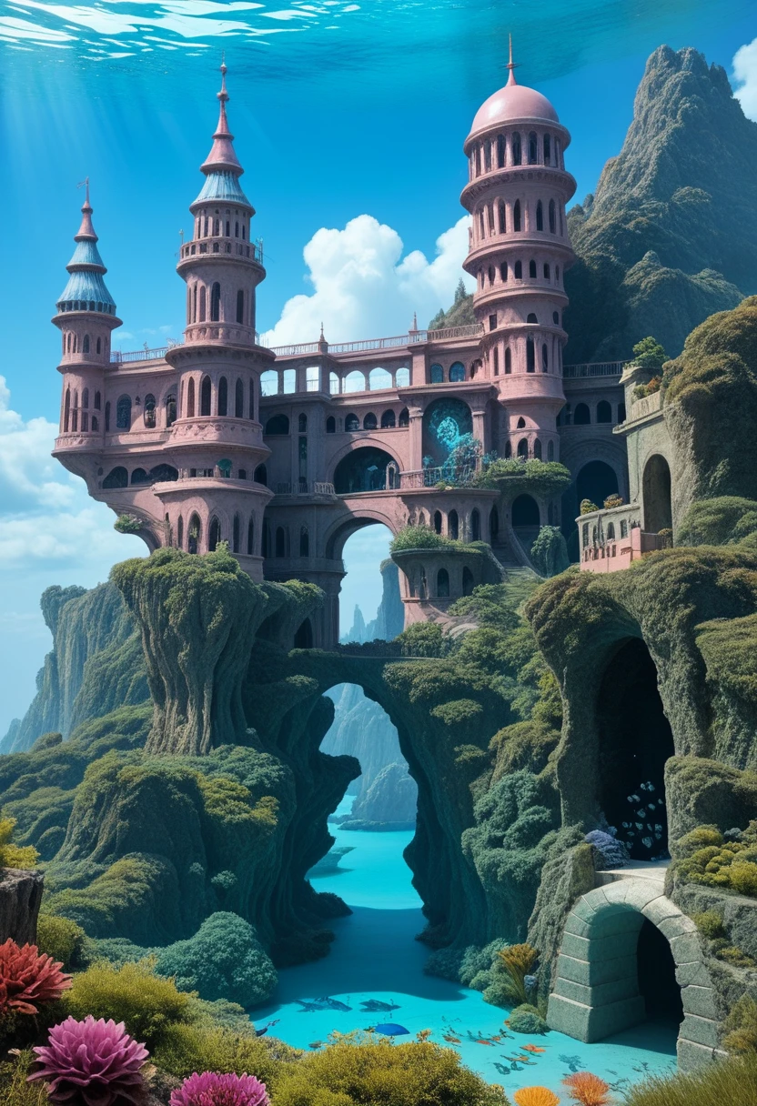 ((suffering)), ((Masterpiece artwork)), (A detailed)),Translucent underwater ice palace,Atlantis colorful city,Colorful underwater kingdom,Futuristic Underwater City,futuristic technology,alien tech,Colorful magical sea creatures,marvel universe,Cyberpunk of the future,surreal dreams,Surrealist art fantasy style,Epic digital fantasy art style,germ of art, vidro quebrado, ((Cheerful underwater landscape)) ,Rendering of synchrotron octane ratings is very detailed