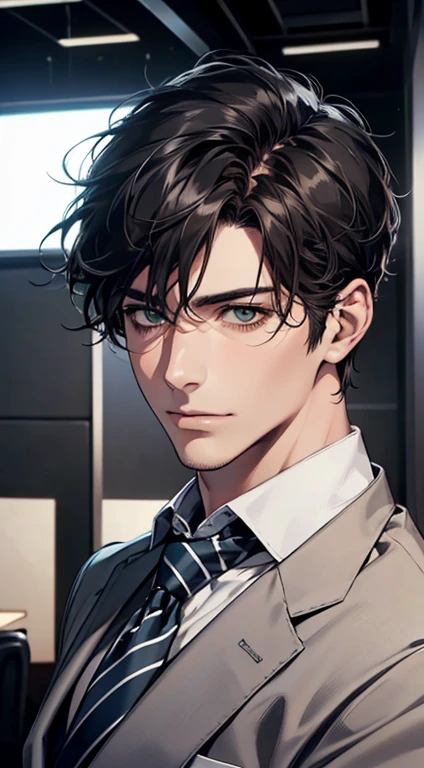 (Highest quality,4K,8K,High resolution,masterpiece:1.2),Super detailed,(Realistic,photoRealistic,photo-Realistic:1.37),1 person,35 years old,Mature Man 1 male mature,Beautiful skin、very handsome,Expressionless,Short gray Black hair,green eyes,Sharp Eyes,A perfect face without a doubt,Businessman, CEO, Office Background,Cinema Lighting,HDR image,tie、