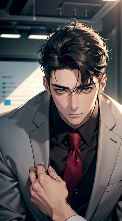 (Highest quality,4K,8K,High resolution,masterpiece:1.2),Super detailed,(Realistic,photoRealistic,photo-Realistic:1.37),1 person,35 years old,Mature Man 1 male mature,Beautiful skin、very handsome,Expressionless,Short gray Black hair,green eyes,Sharp Eyes,A perfect face without a doubt,Businessman, CEO, Office Background,Cinema Lighting,HDR image,tie、