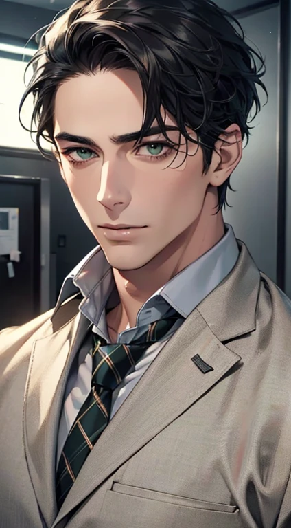 (Highest quality,4K,8K,High resolution,masterpiece:1.2),Super detailed,(Realistic,photoRealistic,photo-Realistic:1.37),1 person,35 years old,Mature Man 1 male mature,Beautiful skin、very handsome,Expressionless,Short gray Black hair,green eyes,Sharp Eyes,A perfect face without a doubt,Businessman, CEO, Office Background,Cinema Lighting,HDR image,tie、