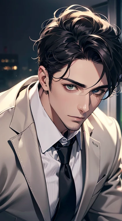 (Highest quality,4K,8K,High resolution,masterpiece:1.2),Super detailed,(Realistic,photoRealistic,photo-Realistic:1.37),1 person,35 years old,Mature Man 1 male mature,Beautiful skin、very handsome,Expressionless,Short gray Black hair,green eyes,Sharp Eyes,A perfect face without a doubt,Businessman, CEO, Office Background,Cinema Lighting,HDR image,tie、