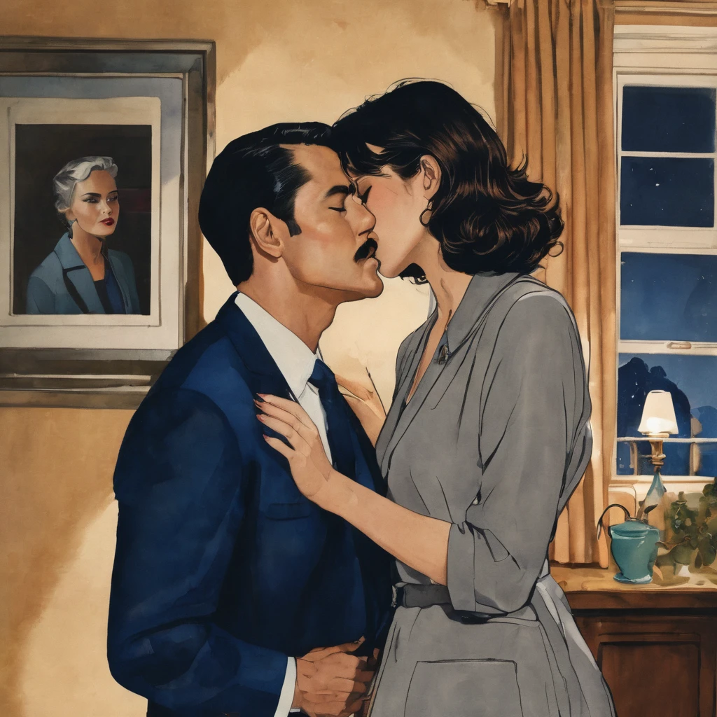 The man in his 45s with black very short hair and smooth face with moustache. The woman in her 45s with light brown long hair. The man is wearing a navy blue suits. The woman is is wearing gray house dress. In the livingroom. They are kissing. Detail kissing. The man is holding the woman's face. Passion. Night, dark, dim. HDR. UHD. Cinematic. Ultra realistic.