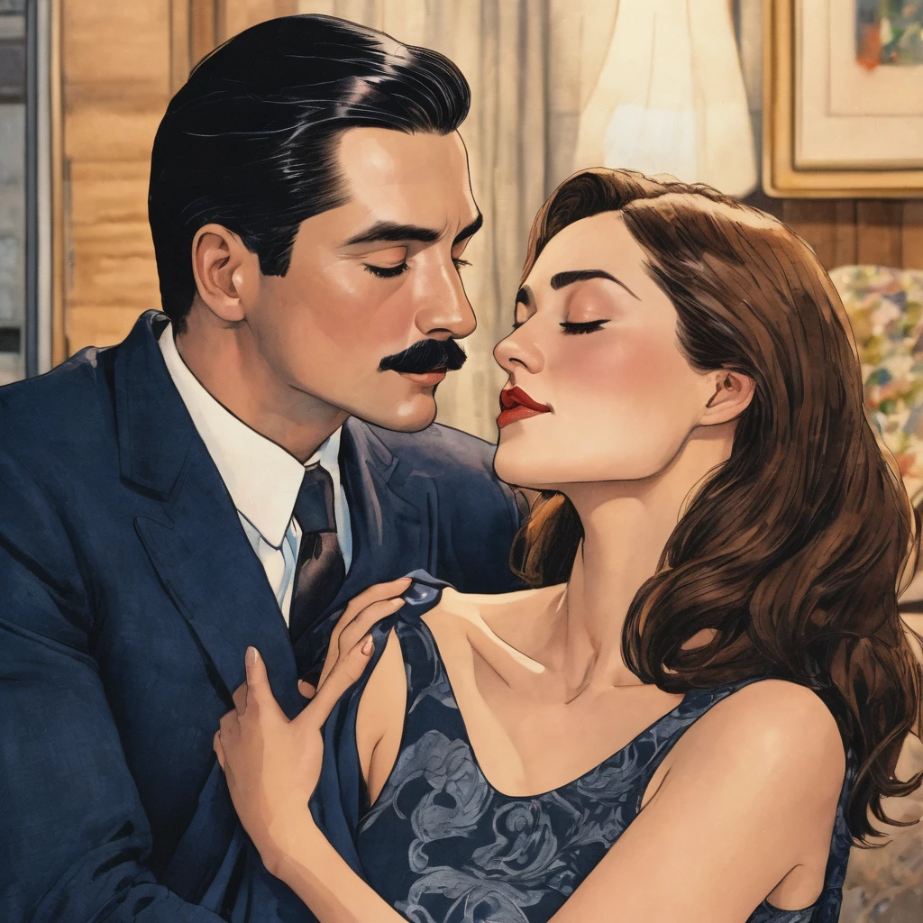 The man in his 45s with black very short hair and smooth face with moustache. The woman in her 45s with light brown long hair. The man is wearing a navy blue suits. The woman is is wearing gray house dress. In the livingroom. They are kissing. Detail kissing. The man is holding the woman's face. Passion. Night, dark, dim. HDR. UHD. Cinematic. Ultra realistic.