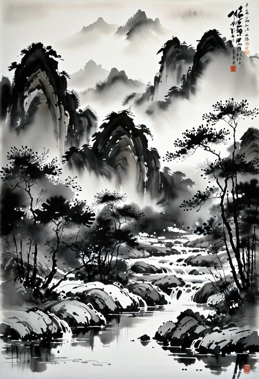 black and white tones, ink painting, Chinese ink style, Wu Guanzhong ink painting,, modern style, ink, ink, Watercolor style, dyeing, Black and White Art, Wu Guanzhong style, Wu Guanzhong Art, Minimalism, 8K, Ultrafine, Super realistic, masterpiece, masterpiece, best quality,

Black and white photo, ink painting, Chinese, Poetic, landscape painting, ink painting, Deep in the mountains,
A group of scholars sitting by the stream, Have tea and chat together, The expressions are very rich. When talking and discussing with each other,