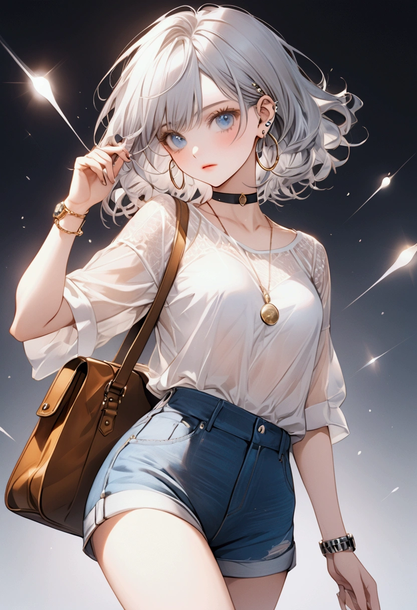 (Sports magazine cover photo), Highest quality, Great quality, 16K, Unbelievably absurd, Very detailed, delicate and dynamic, Natural light, The particles reflect light, A stylish young woman with striking short silver hair and piercing blue eyes, dressed in a casual yet chic outfit. She sports a light blue, semi-sheer blouse tucked into high-waisted denim shorts, accessorized with a thin black choker and a brown leather shoulder bag. Her look is completed with a pair of simple hoop earrings and a watch. In her hand, she confidently holds a fan of cash, adding an edgy vibe to her fashionable, modern appearance. The background is a clean, transparent void that highlights her as the focal point