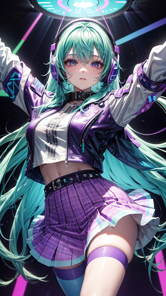 A young woman with loose hair dyed purple, blue and green, wearing a white leather jacket decorated with bright graffiti and a rainbow tulle skirt, dancing in a futuristic environment with LED walls displaying geometric patterns. Large headphones with holographic details dangle from a hand as it moves with grace.