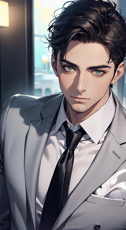 (Highest quality,4K,8K,High resolution,masterpiece:1.2),Super detailed,(Realistic,photoRealistic,photo-Realistic:1.37),1 person,35 years old,Mature Man 1 male mature,Beautiful skin、very handsome,Expressionless,Short gray Black hair,green eyes,Sharp Eyes,A perfect face without a doubt,Businessman, CEO, Office Background,Cinema Lighting,HDR image,tie、