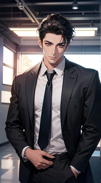 (Highest quality,4K,8K,High resolution,masterpiece:1.2),Super detailed,(Realistic,photoRealistic,photo-Realistic:1.37),1 person,35 years old,Mature Man 1 male mature,Beautiful skin、very handsome,Expressionless,Short gray Black hair,green eyes,Sharp Eyes,A perfect face without a doubt,Businessman, CEO, Office Background,Cinema Lighting,HDR image,tie、