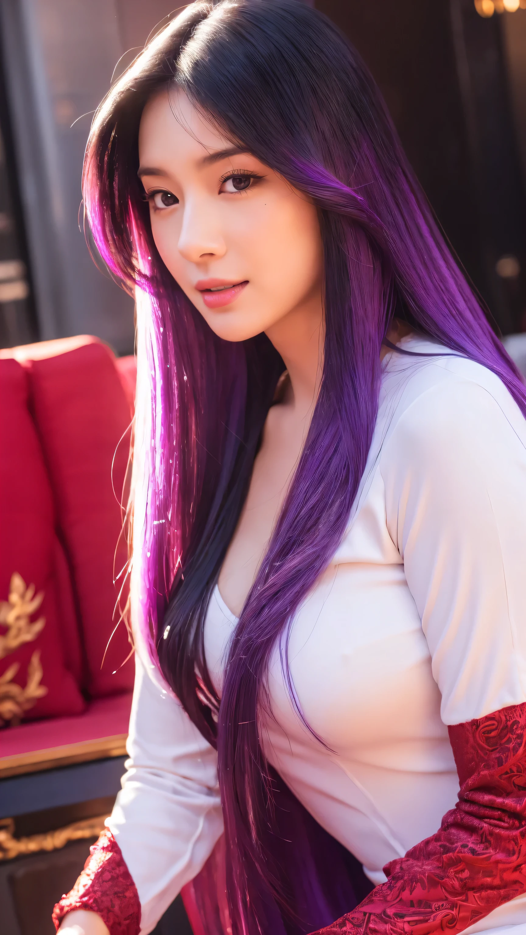 mid shot, white Asian woman, ((long black and purple hair)), red outfit, (detailed face), beautiful eyes, lips, nose, (detailed skin), beautiful facial features, in middle of new york, detailed furniture, comfortable surrounding,natural lighting, high quality, ((photorealistic,extremely detailed) ,8k,masterpiece,bright colors, cinematic lighting