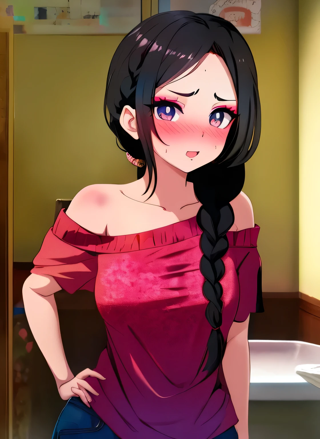 Sexy woman, black hair, single braid, seductive eyes, intense gaze, mouth parted, deep blush, flustered, beautiful face, amazing makeup, off shoulder t shirt