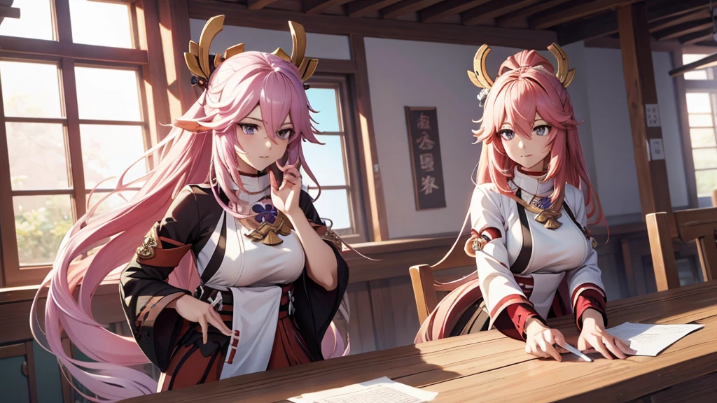 make the character YAE MIKO from genshin impact work in secretary clothes.