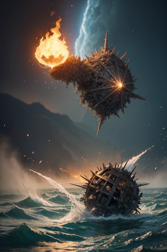 Create an image of the wormwood star of the apocalypse falling into a river full of destruction and fire 