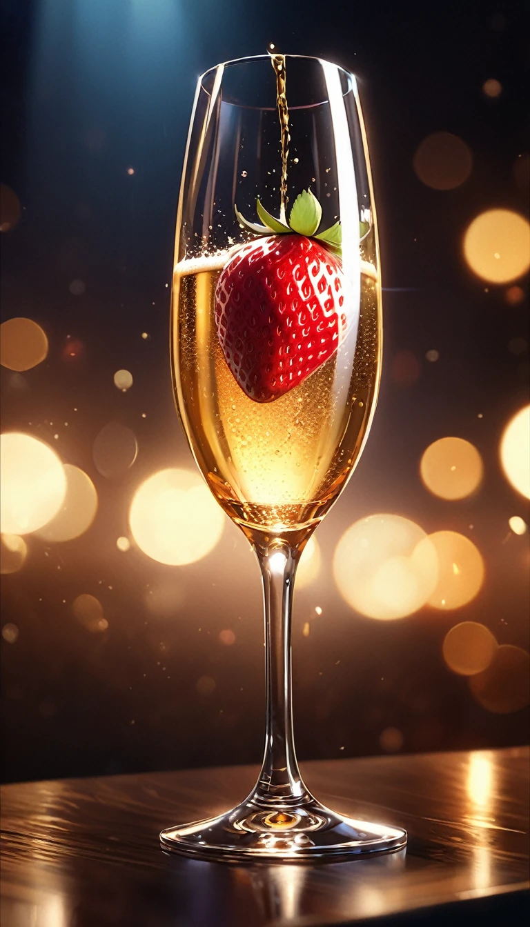 A champagne glass with a ripe, overripe strawberry without stalk inside, pulsating champagne, dramatic lighting, photorealistic, 8K, highly detailed, cinematic, moody atmosphere, warm color tones, dramatic chiaroscuro lighting, glossy champagne surface, intricate details on the strawberry, bokeh background, realistic, made by dsle, bokek, shallow deep of focus, mastery, 8k, proffesional studio light and shadows, photo in phst artstyle