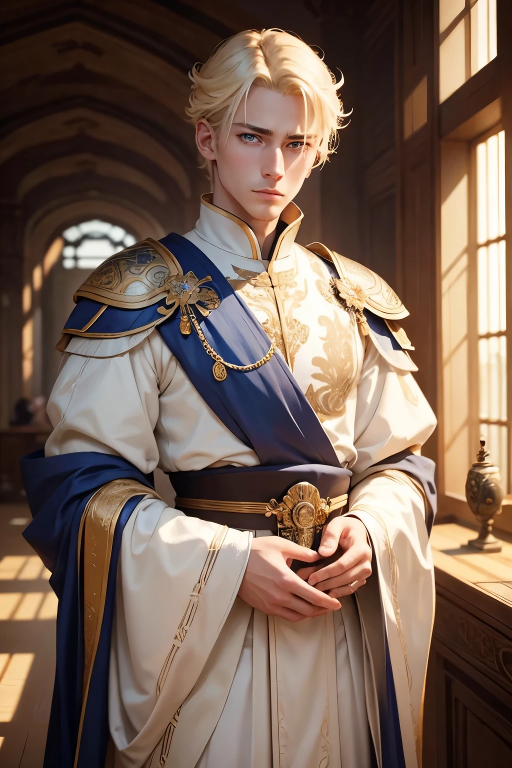 masterpiece, Highest quality, Intricate details, male、Blonde hair and blue eyes、emperor、young、intellectual、
