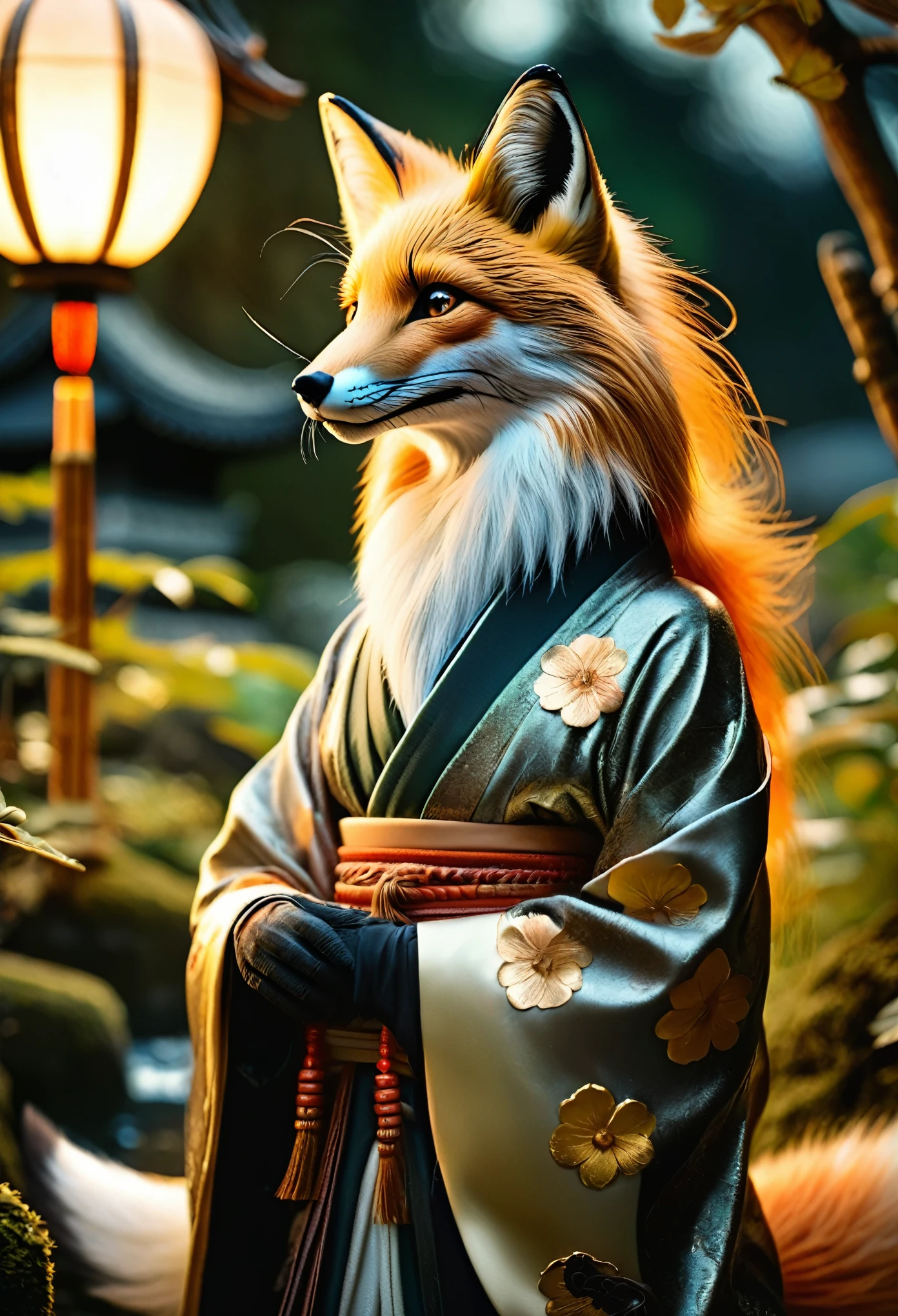 realistic, analog photo, Masterpiece, RAW photo, full-length portrait, hyper realistic, ultra detailed image, Kizune, (mythical Creature of Japanese Mythology And Folklore), detailed portrait of anthropomorphic she-fox, with fox tail, in traditional japan garden, moonlight, little spotlight, fractal, cover, detailed background, depth of field, HOF, hall of fame, detailed beautiful eyes, detailed beautiful face, natural body posture, lifelike skin texture, kodak portra 400, 16k, ultra detailed, bokeh lighting, dark fantasy atmospheric, fantasy aura, film grain, cinematic light, cinematic composition, depth of field, rim light