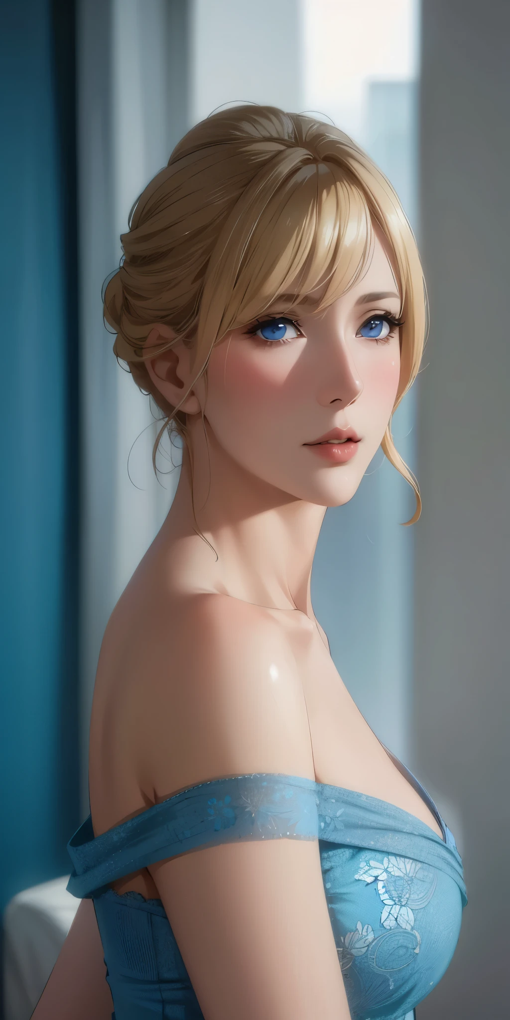 elegant mature woman, blonde, chignon hair, blue eyes, soft light, 4k resolution, high detailed, high quality, beautiful cg