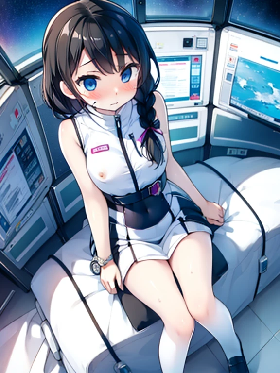 (Highest quality), (masterpiece), 1080P, High resolution, 4K, 8k, Inside the space station、Futuristic room、Thigh straps, Shooting from directly below, The woman on top of me, Nipples, 白いSweat, Covered , Sweat, Woman looking down, Skirt swimsuit, Thigh-high socks, To achieve this, 16 years old, , whole body, Black leather shoes, Braided hair, Inner Color, Embarrassed face, Short black hair, bracelet, Bedroom,celestial body_Vest
