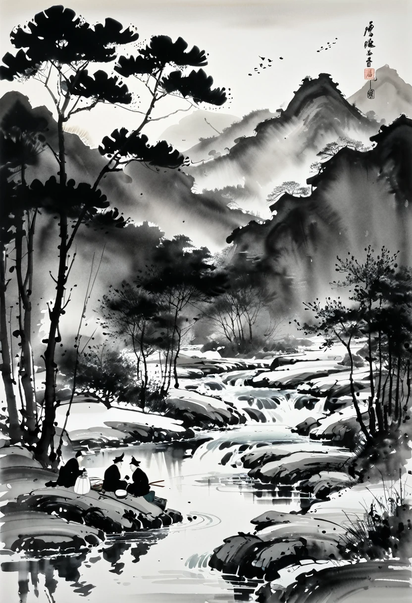 black and white tones, Light,ink painting, Chinese ink style, Wu Guanzhong ink painting,, modern style, ink, ink, Watercolor style, dyeing, Black and White Art, Wu Guanzhong style, Wu Guanzhong Art, Minimalism, 8K, Ultrafine, Super realistic, masterpiece, masterpiece, best quality, Black and white photo, ink painting, Chinese, Poetic, landscape painting, ink painting, Deep in the mountains, Five scholars sitting by the stream, Have tea and chat together, The expressions are very rich. Talk and discuss with each other
