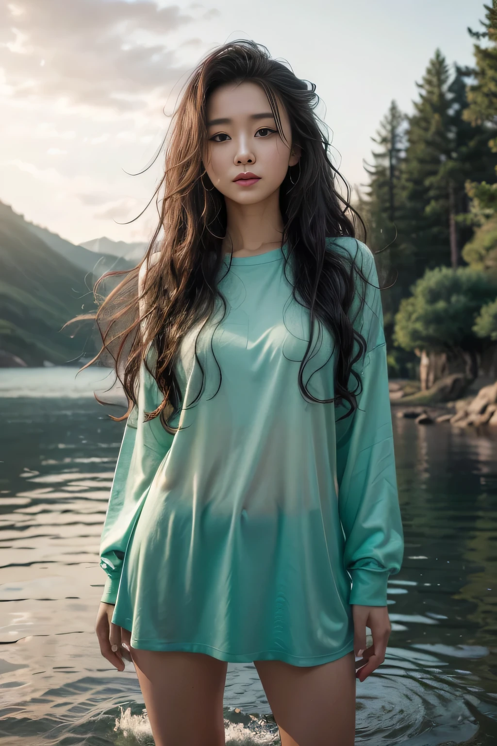 foreground: a beautiful woman (Cristy Ren), wet wavy hair in the wind. She is a men&#39;s magazine model, She has a subtle smile and flirts with the camera, (She wears a casual shirt with a knitted sweater and latex pants with a big belt:1.2), Scotland Loch background landscape and Scottish castle ruins, (in the light of the sunset:1.2), , perfects eyes, perfect hands, perfectbody, perfect hair, perfect big breast, Hair behind the ear, ultra HD, retina, work of art, precise, anatomically correcte, texturized skin, super detaill, High details, high qualiy, awardwinning, best qualityer, high resolution, 16K, 8k,