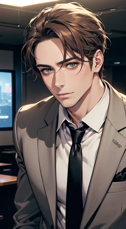 (Highest quality,4K,8K,High resolution,masterpiece:1.2),Super detailed,(Realistic,photoRealistic,photo-Realistic:1.37),1 person,35 years old,Mature Man 1 male mature,Beautiful skin、very handsome,Expressionless,Short gray Brown hair,green eyes,Sharp Eyes,A perfect face without a doubt,Businessman, CEO, Office Background,Cinema Lighting,HDR image,tie、