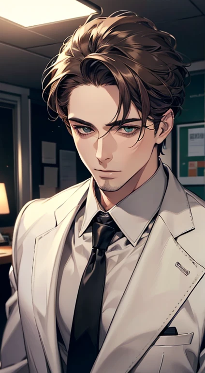 (Highest quality,4K,8K,High resolution,masterpiece:1.2),Super detailed,(Realistic,photoRealistic,photo-Realistic:1.37),1 person,35 years old,Mature Man 1 male mature,Beautiful skin、very handsome,Expressionless,Short gray Brown hair,green eyes,Sharp Eyes,A perfect face without a doubt,Businessman, CEO, Office Background,Cinema Lighting,HDR image,tie、