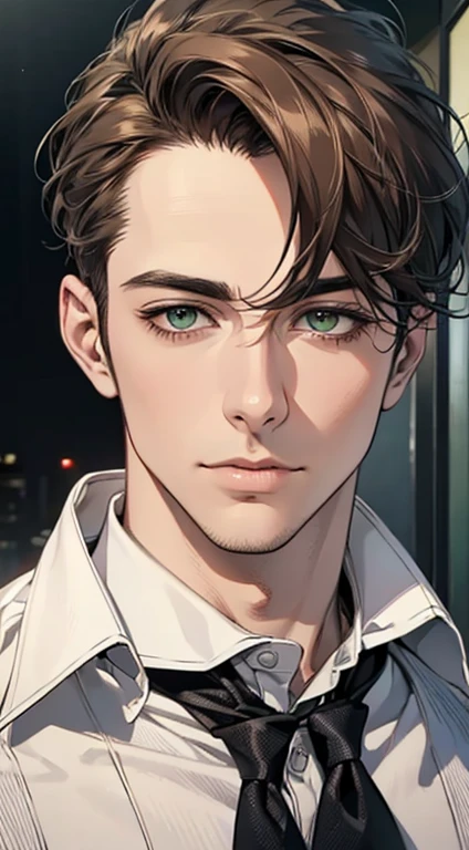 (Highest quality,4K,8K,High resolution,masterpiece:1.2),Super detailed,(Realistic,photoRealistic,photo-Realistic:1.37),1 person,35 years old,Mature Man 1 male mature,Beautiful skin、very handsome,Expressionless,Short gray Brown hair,green eyes,Sharp Eyes,A perfect face without a doubt,Businessman, CEO, Office Background,Cinema Lighting,HDR image,tie、