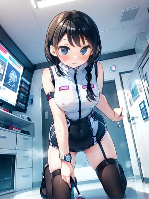 (Highest quality), (masterpiece), 1080P, High resolution, 4K, 8k, Inside the space station、Futuristic room、Thigh straps, Shooting from directly below, The woman on top of me, Nipples, 白いSweat, Covered , Sweat, Woman looking down, Skirt swimsuit, Thigh-high socks, To achieve this, , , whole body, Black leather shoes, Braided hair, Inner Color, Embarrassed face, Short black hair, bracelet, Bedroom,celestial body_Vest