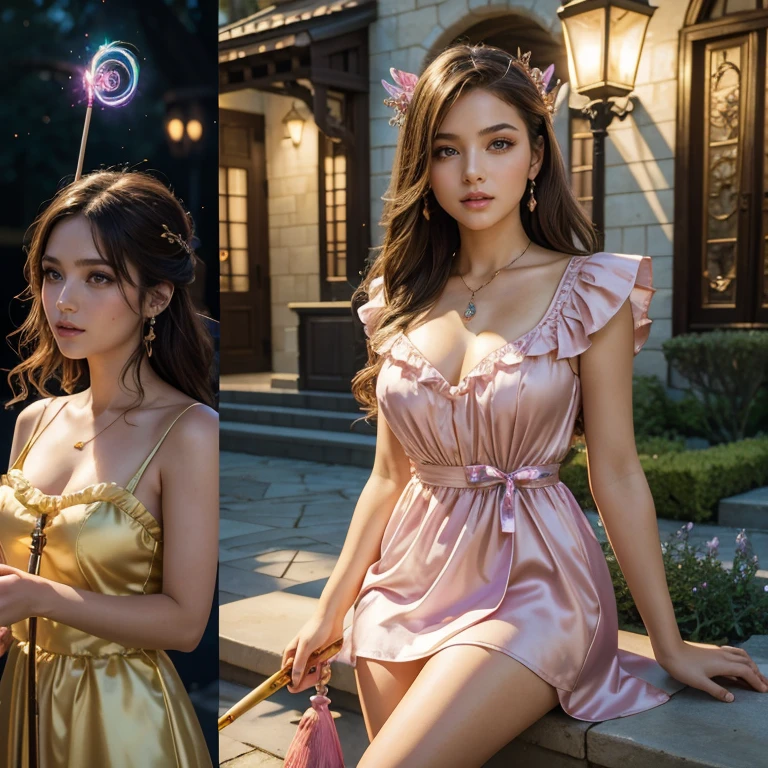 (masterpiece, best quality:1.5), highest quality, High resolution, super detailed, Realists, Upper body photo of a brunette young magical girl, detailed and beautiful eyes, beautiful detailed lips, very detailed eyes and face, longeyelashes, shiny satin dress, Holding a magic wand in your hand, Cast a transformation spell, With her stick she turns bananas into a lollipop, Glowing wands available,Beautiful and colorful makeup, elegant and noble々The jewelry bag, Gardens as background, soft daylight, bright colors, fine brushstrokes, Portrait style, Silk dress fabric, beautiful color palette, glowing skin, First-class rendering, that captures every detail, enchanting atmosphere, subtle shadows and lights, (perfect anatomy:1.2), (The stunning magical girl turns banana into a lollipop. Suck on it,(a transformation with the magic wand:1.4), (magnificent panorama view:1.2)