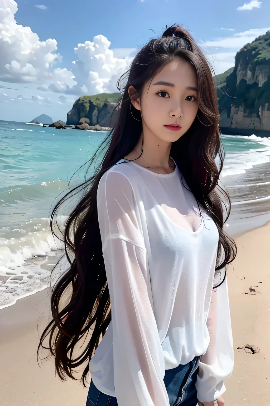 foreground: a beautiful woman (Cristy Ren), wet wavy hair in the wind. She is a men's magazine model, She has a subtle smile and flirts with the camera, (She wears a casual shirt with a knitted sweater and latex pants with a big belt:1.2), Scotland Loch background landscape and Scottish castle ruins, (in the light of the sunset:1.2), , perfects eyes, perfect hands, perfectbody, perfect hair, perfect big breast, Hair behind the ear, ultra HD, retina, work of art, precise, anatomically correcte, texturized skin, super detaill, High details, high qualiy, awardwinning, best qualityer, high resolution, 16K, 8k,