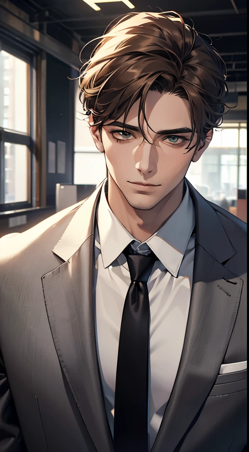 (Highest quality,4K,8K,High resolution,masterpiece:1.2),Super detailed,(Realistic,photoRealistic,photo-Realistic:1.37),1 person,35 years old,Mature Man 1 male mature,Beautiful skin、very handsome,Expressionless,Short gray Brown hair,green eyes,Sharp Eyes,A perfect face without a doubt,Businessman, CEO, Office Background,Cinema Lighting,HDR image,tie、