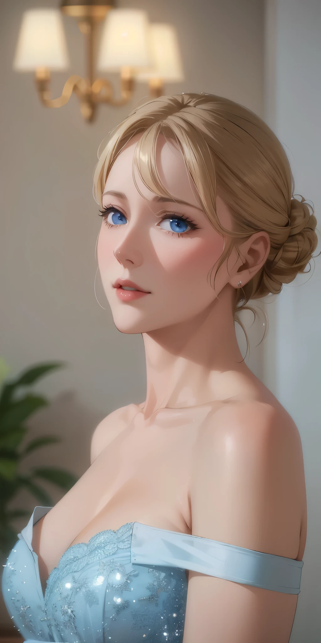 elegant mature woman, blonde, chignon hair, blue eyes, soft light, 4k resolution, high detailed, high quality, beautiful cg