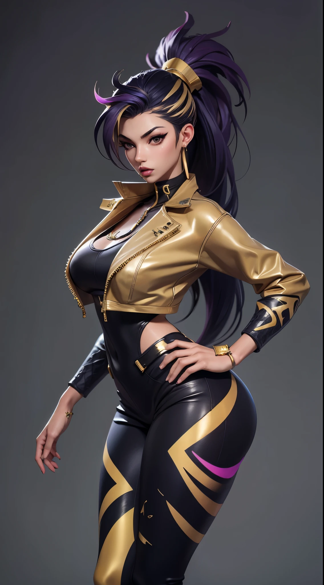 Kda akali, front view, big ass, perfect breast, beautiful, sexy, slim, cute, highly detailed, deep focused image, realistic full-lenght photo, sexy gold jumpsuit