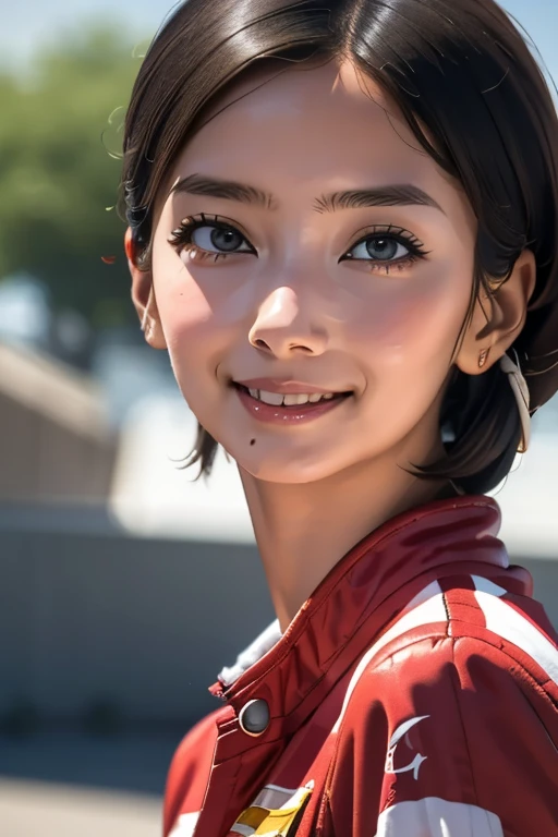 Highest quality　High resolution　Simple　F1 Grand Prix　Racecourse　Companion cute girl　Beautiful face　Race Queen