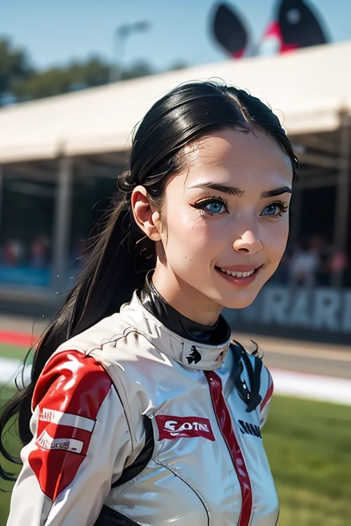 Highest quality　High resolution　Simple　F1 Grand Prix　Racecourse　Companion cute girl　Beautiful face　Race Queen