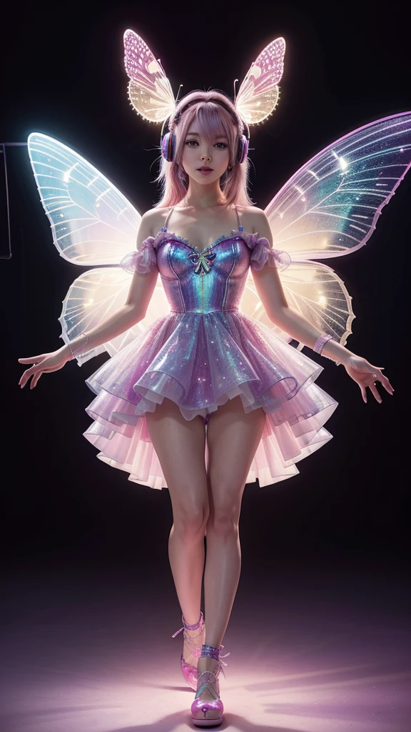 A woman with bubblegum pink and bright purple hair, wearing a dress with holographic butterflies that appear to flap their wings as she moves, dancing in an enchanted garden where flowers emit colorful lights. Clear headphones with LED light filaments dangle from a hand as she dances freely. 8k