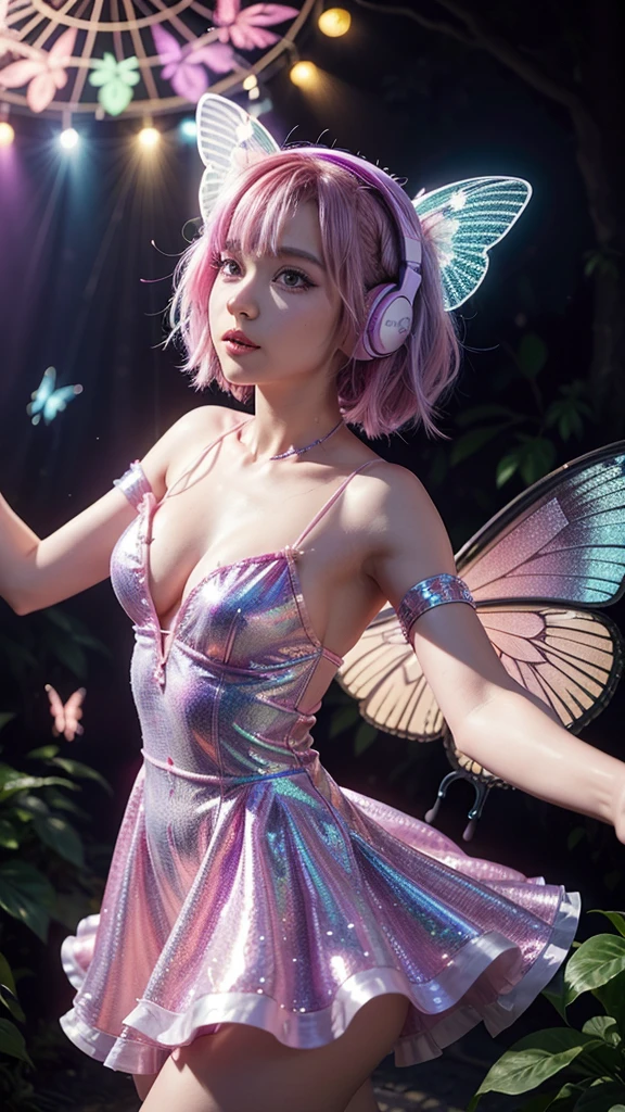 A woman with bubblegum pink and bright purple hair, wearing a dress with holographic butterflies that appear to flap their wings as she moves, dancing in an enchanted garden where flowers emit colorful lights. Clear headphones with LED light filaments dangle from a hand as she dances freely. 8k